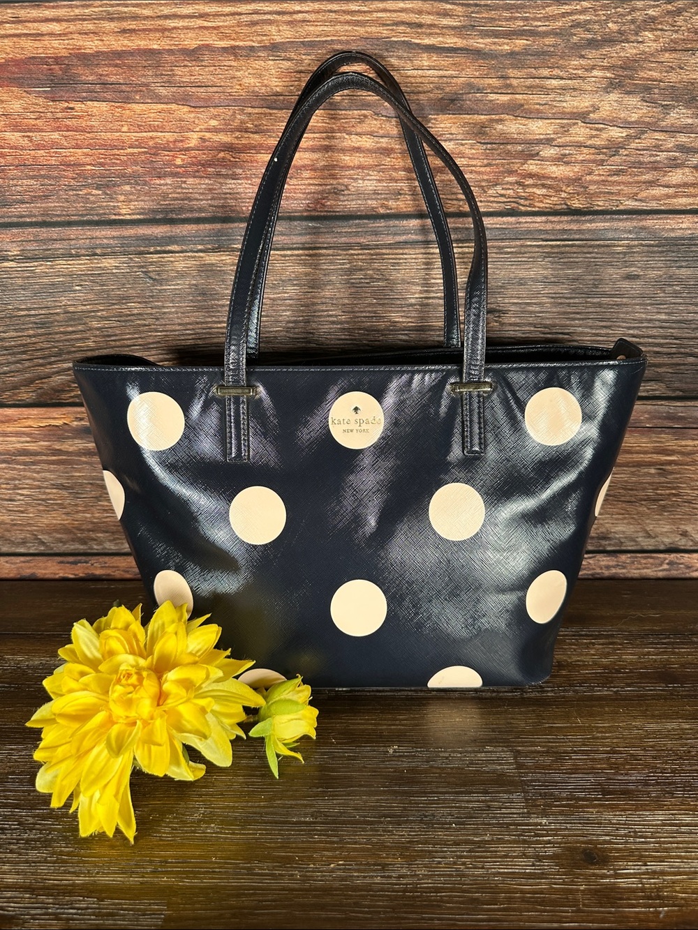 kate spade Navy Tote with Cream Polka Dots!